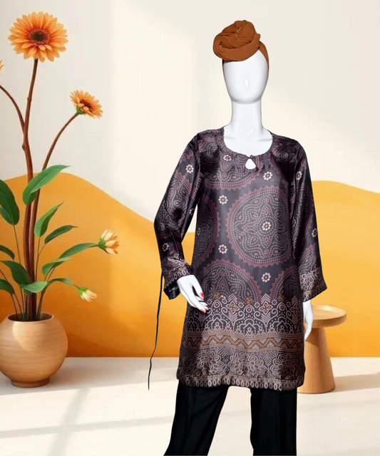 Satin Silk Printed Kurti Black