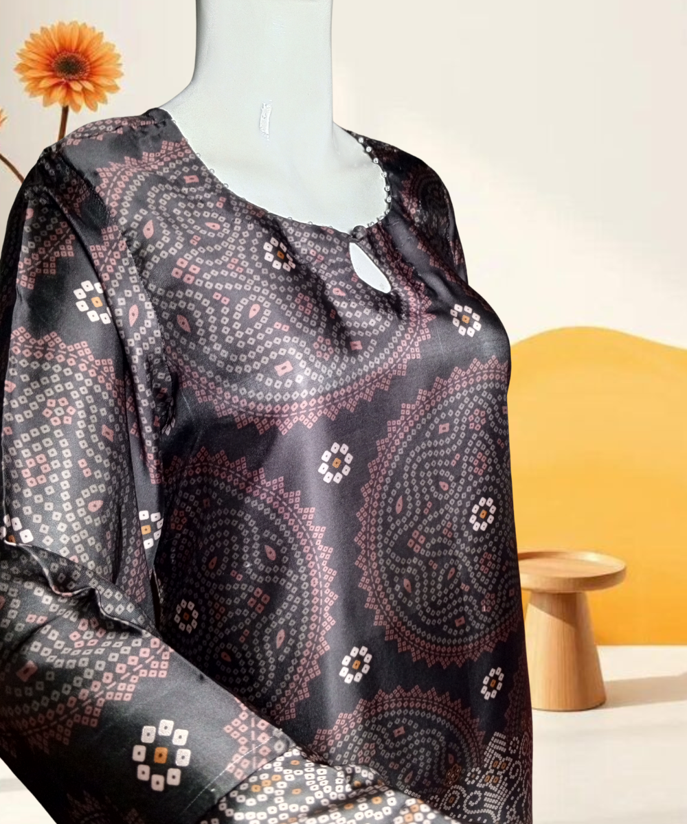 Satin Silk Printed Kurti Black
