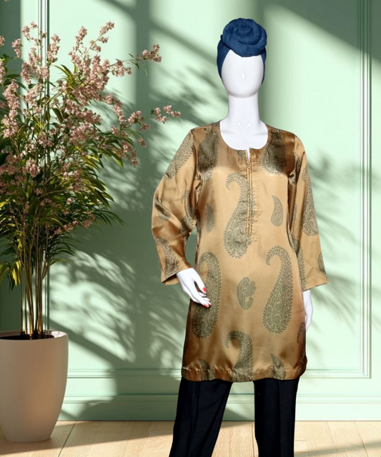 Satin Silk Printed Kurti Golden