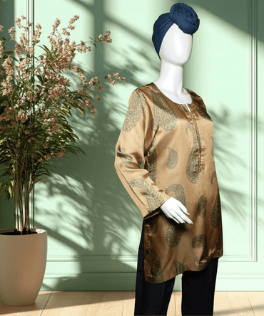 Satin Silk Printed Kurti Golden