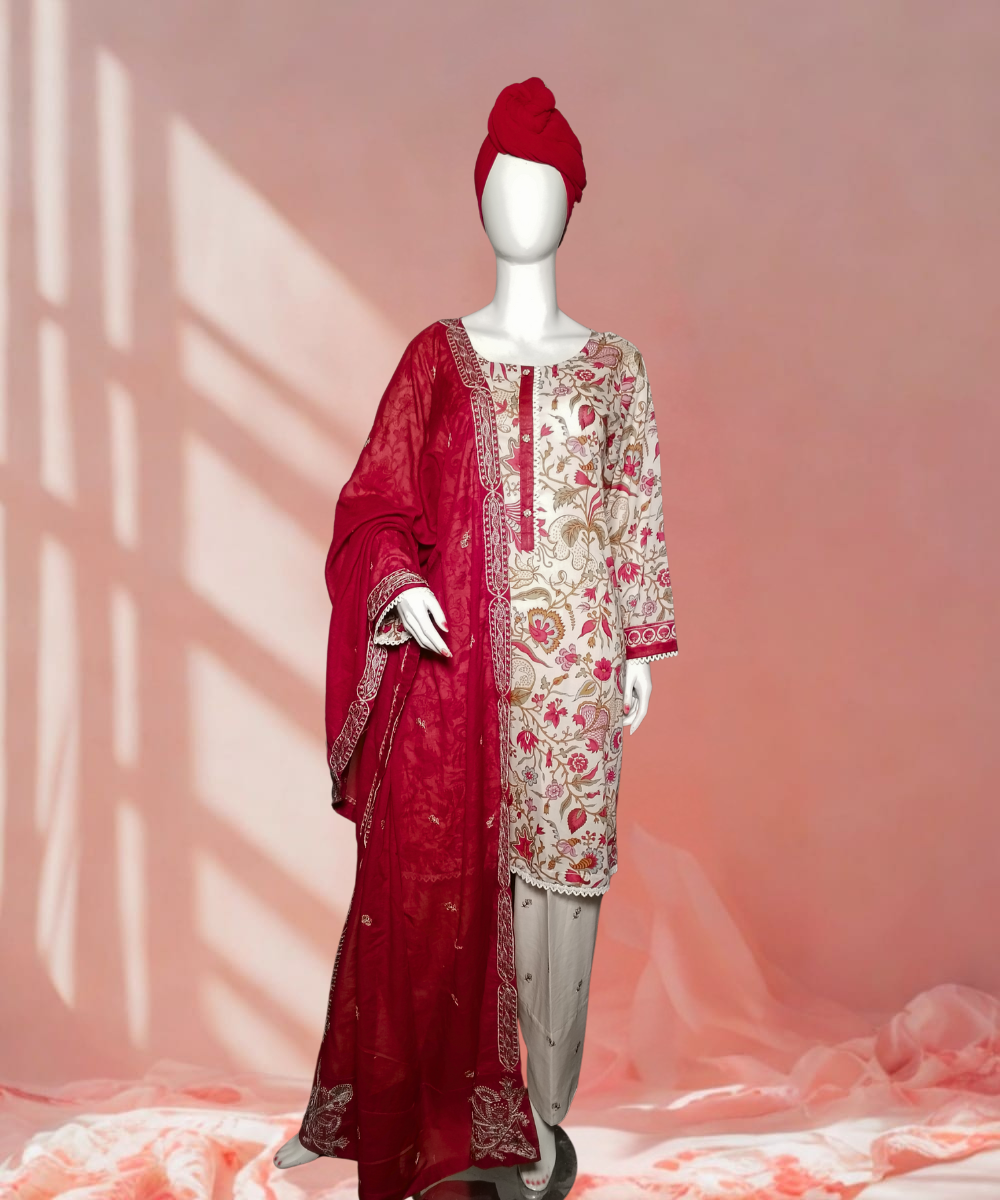 Lawn Embroidered White And Red