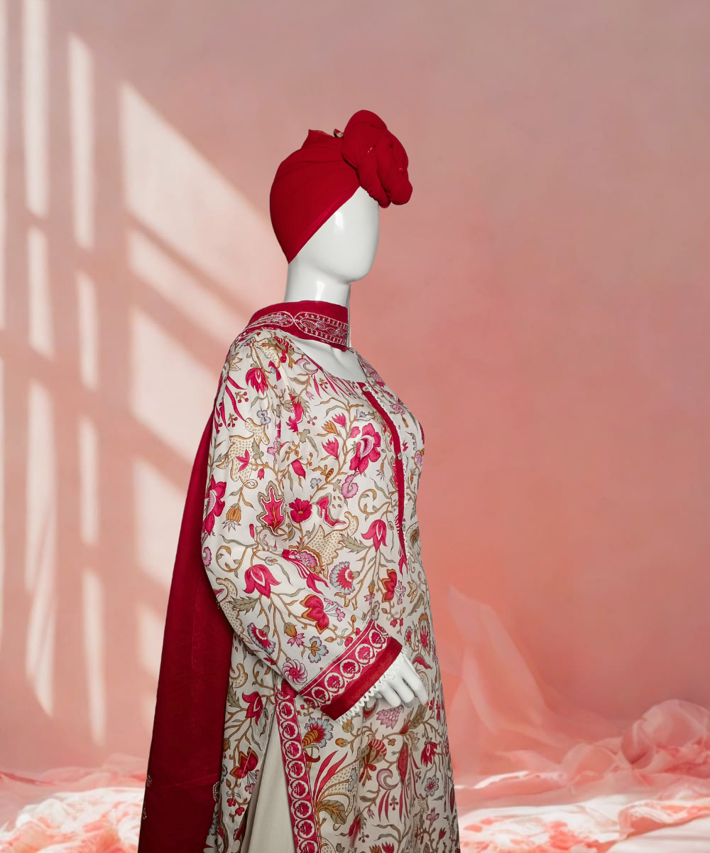 Lawn Embroidered White And Red