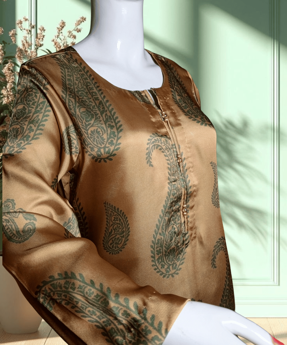 Satin Silk Printed Kurti Golden