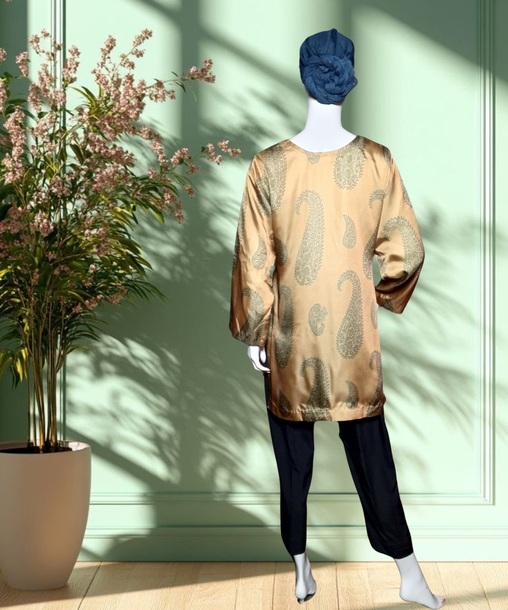 Satin Silk Printed Kurti Golden
