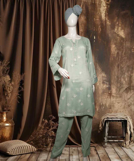 Cotton Silk Embroidered Mint Green