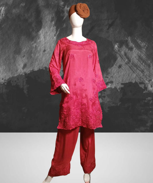 Cotton Silk Cut Work Hot Pink