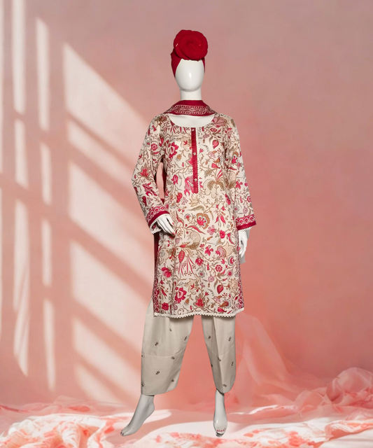 Lawn Embroidered White And Red